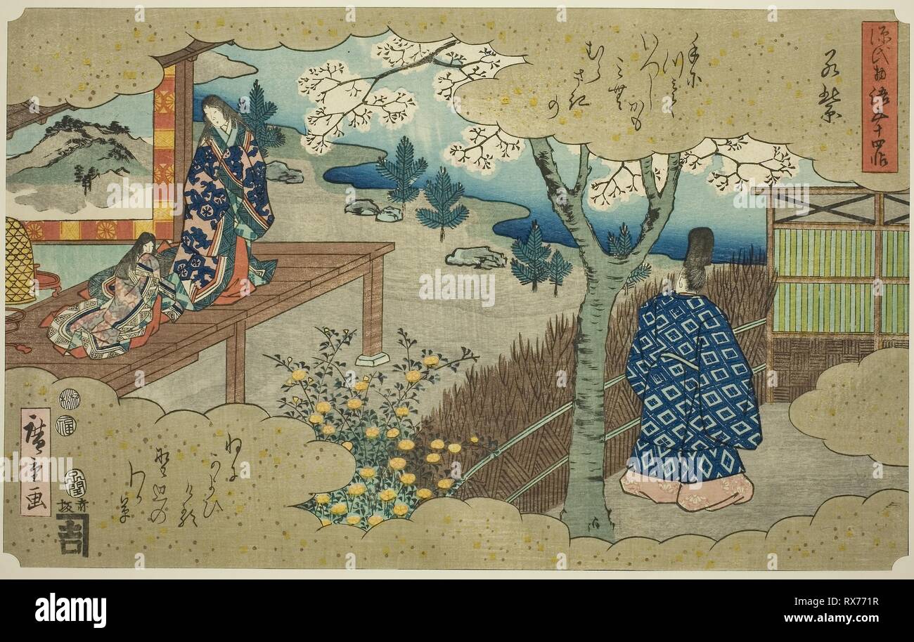 The Young Murasaki (Wakamurasaki), from the series 'Fifty-four Chapters of the Tale of Genji (Genji monogatari gojuyonjo)'. Utagawa Hiroshige ?? ??; Japanese, 1797-1858. Date: 1852. Dimensions: 21.7 x 34.8 cm (8 1/2 x 13 5/8 in.). Color woodblock print; oban. Origin: Japan. Museum: The Chicago Art Institute. Stock Photo