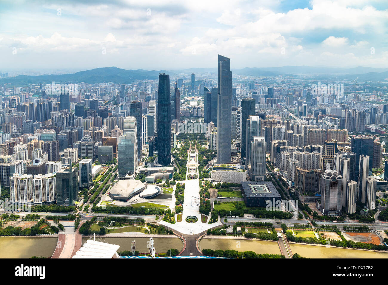 July 2017, Guangzhou, China. View of Guangzhou central business district and of the Pearl River from the 488m observation deck of the Canton Tower, th Stock Photo