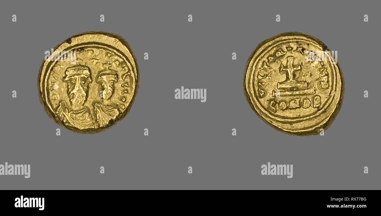 Solidus (Coin) of Constans II and Constantine IV. Byzantine, minted in Constantinople. Date: 659 AD-668 AD. Dimensions: Diam. 1.4 cm; 4.43 g. Gold. Origin: Byzantine Empire. Museum: The Chicago Art Institute. Stock Photo