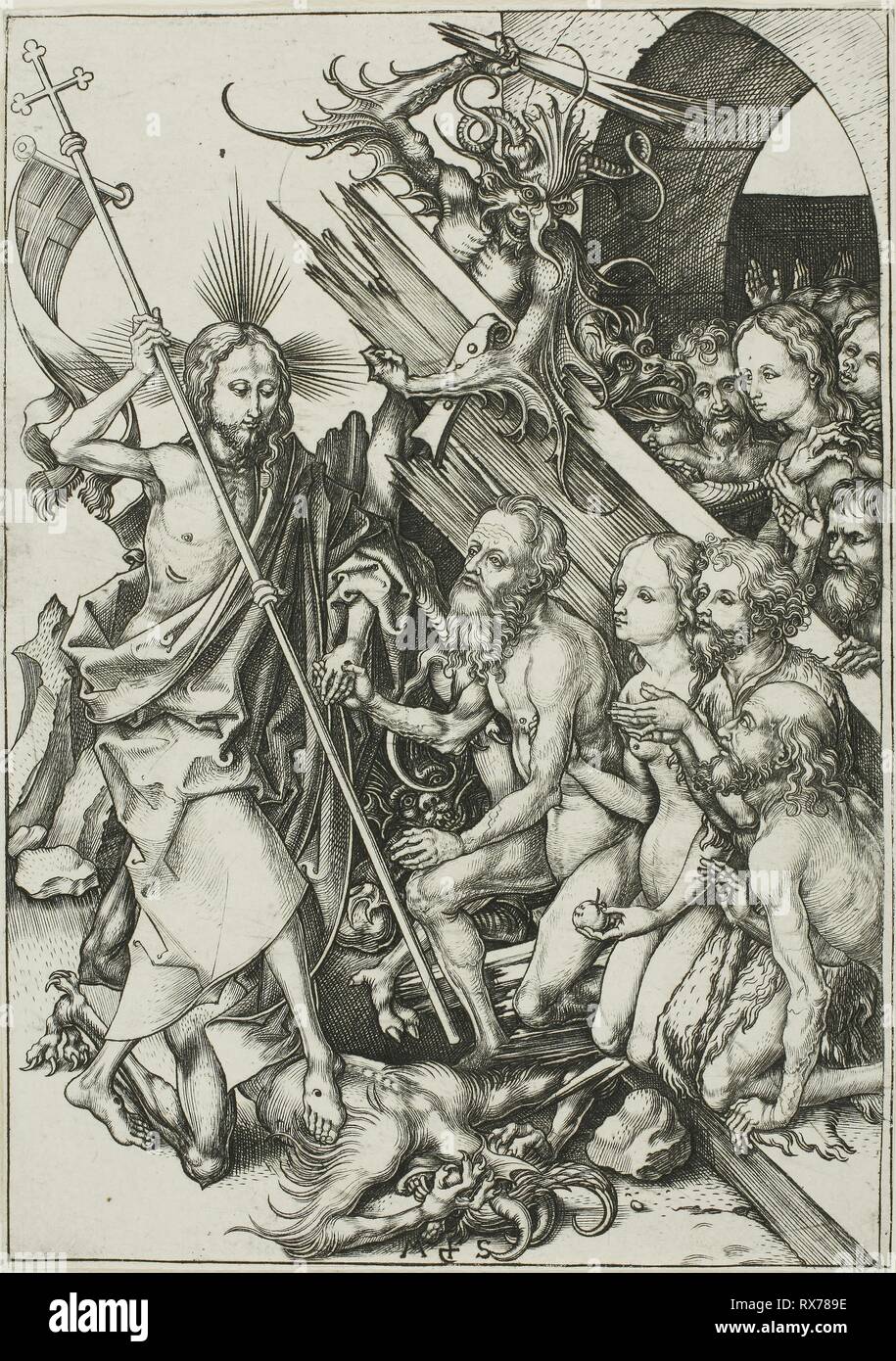 Christ in Limbo, from The Passion. Martin Schongauer; German, c. 1450-1491. Date: 1475-1486. Dimensions: 165 x 116 mm (sheet trimmed within plate mark). Engraving in black on ivory laid paper. Origin: Germany. Museum: The Chicago Art Institute. Stock Photo