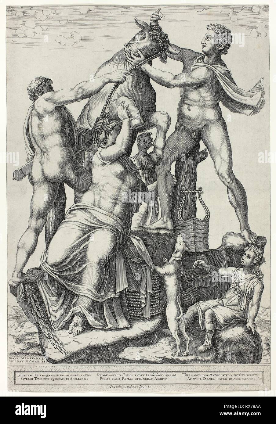 The Farnese Bull with Dirce, Zethus and Amphion. Diana Scultori; Italian, c. 1536-c. 1590. Date: 1581. Dimensions: 369 x 272 mm (image); 398 x 272 (sheet, timed within plate mark). Engraving in black on ivory laid paper. Origin: Italy. Museum: The Chicago Art Institute. Stock Photo