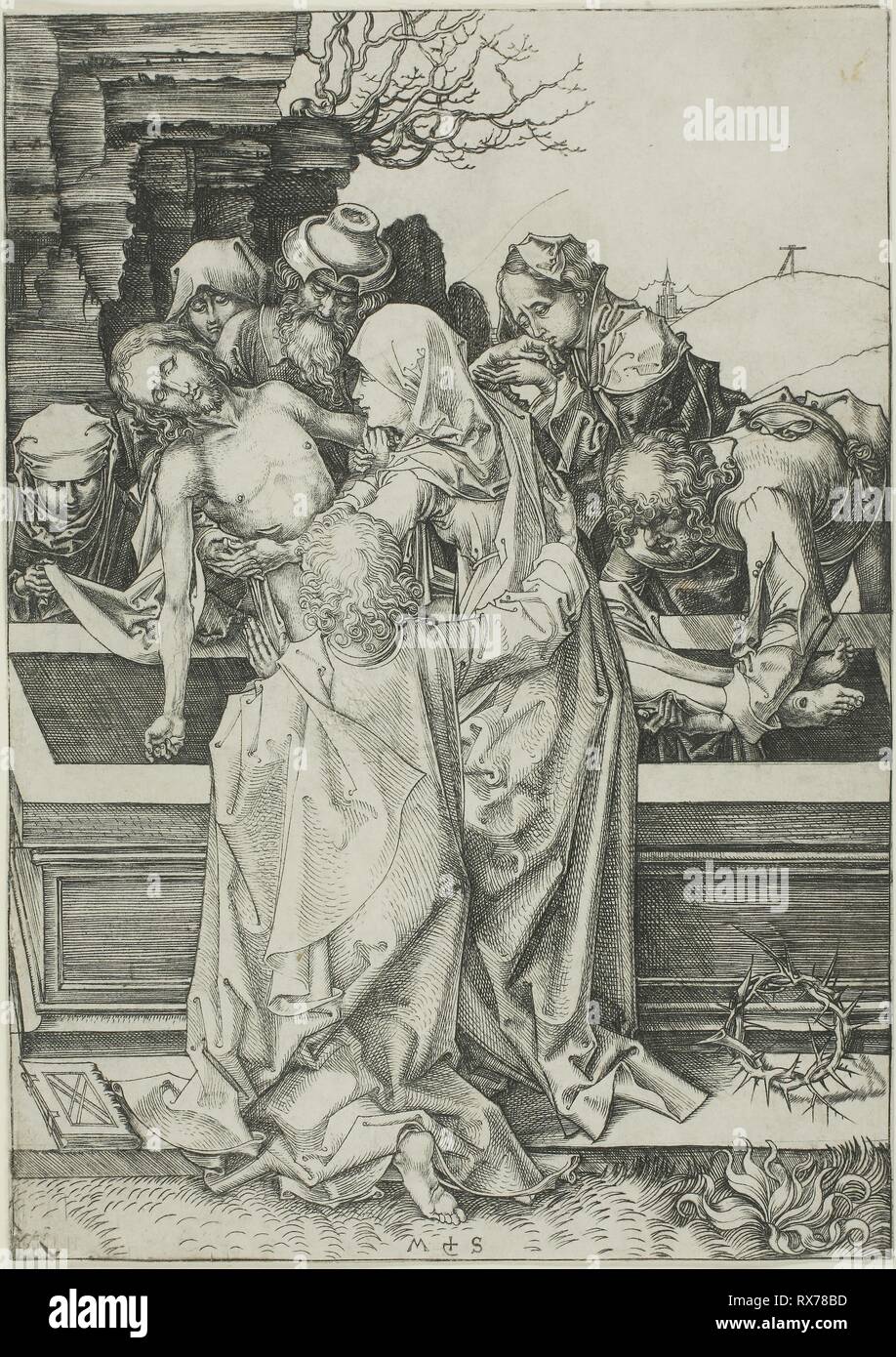The Entombment, from The Passion. Martin Schongauer; German, c. 1450-1491. Date: 1475-1486. Dimensions: 163 x 115 mm (sheet trimmed within plate mark). Engraving on paper. Origin: Germany. Museum: The Chicago Art Institute. Stock Photo