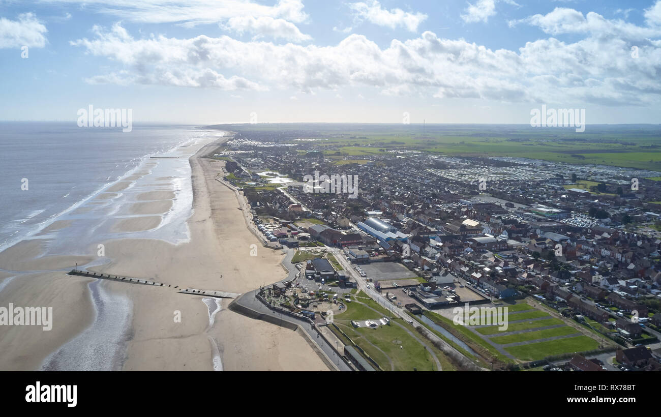 Drone aerial shots of Mablethorpe, Lincolnshire from Sea View Car park Stock Photo