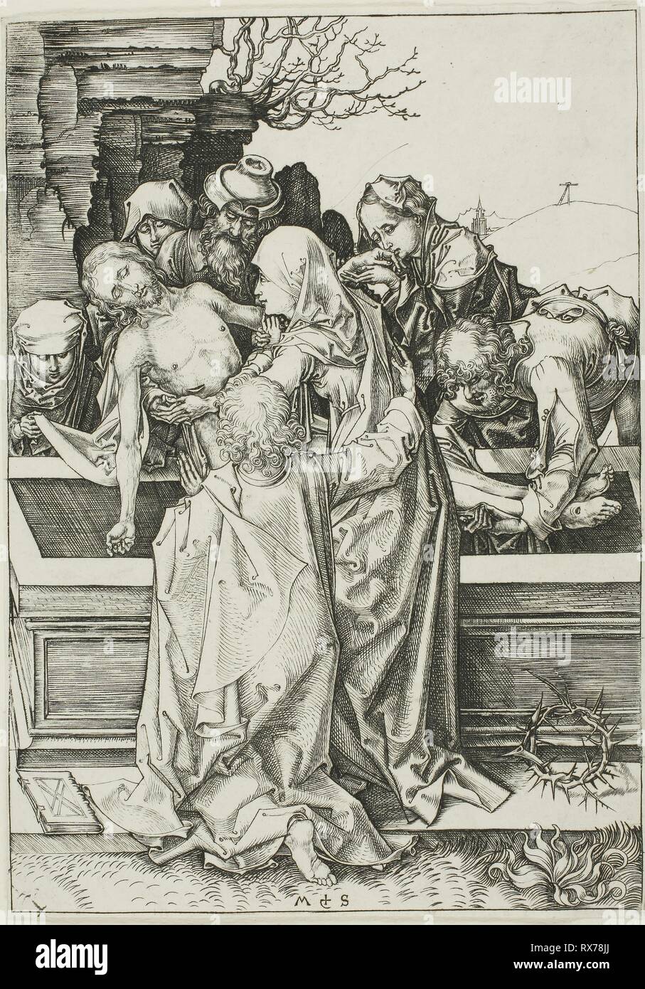 The Entombment. Martin Schongauer; German, c. 1450-1491. Date: 1475-1485. Dimensions: 165 x 115 mm (sheet trimmed within plate mark). Engraving on paper. Origin: Germany. Museum: The Chicago Art Institute. Stock Photo