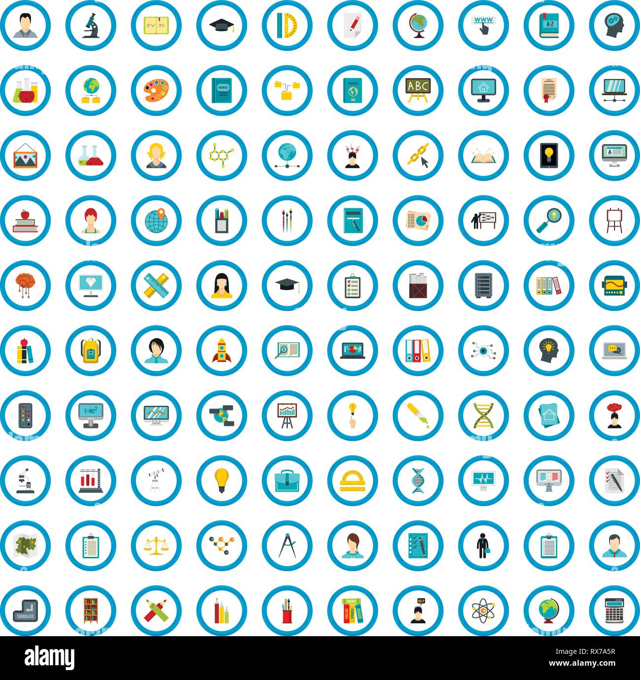 100 education icons set, flat style Stock Vector