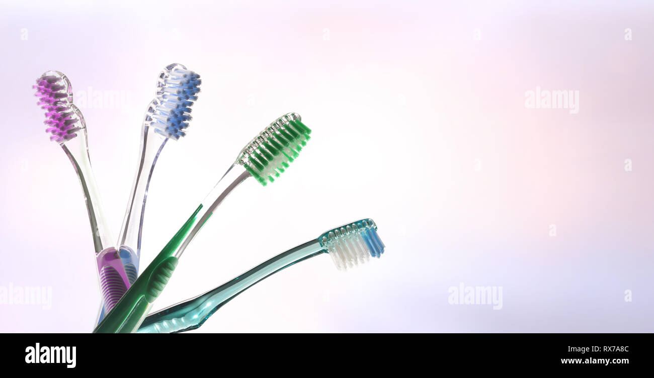 Four colorful transparent tooth brushes on pink and blue gradient background fan-shaped. Horizontal composition. Stock Photo