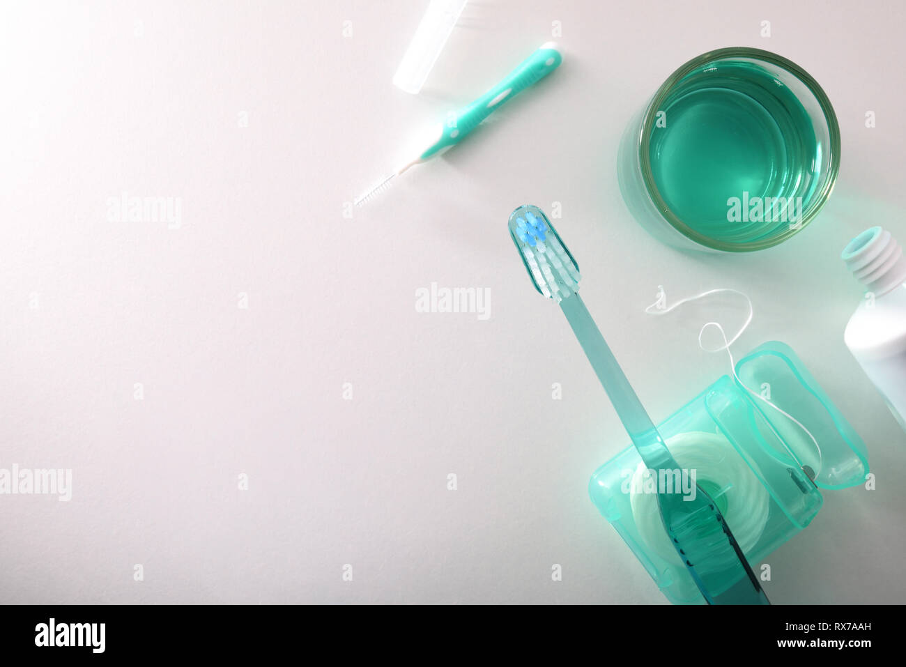 Personal products and tools for cleaning the mouth. Horizontal composition. Top view. Stock Photo