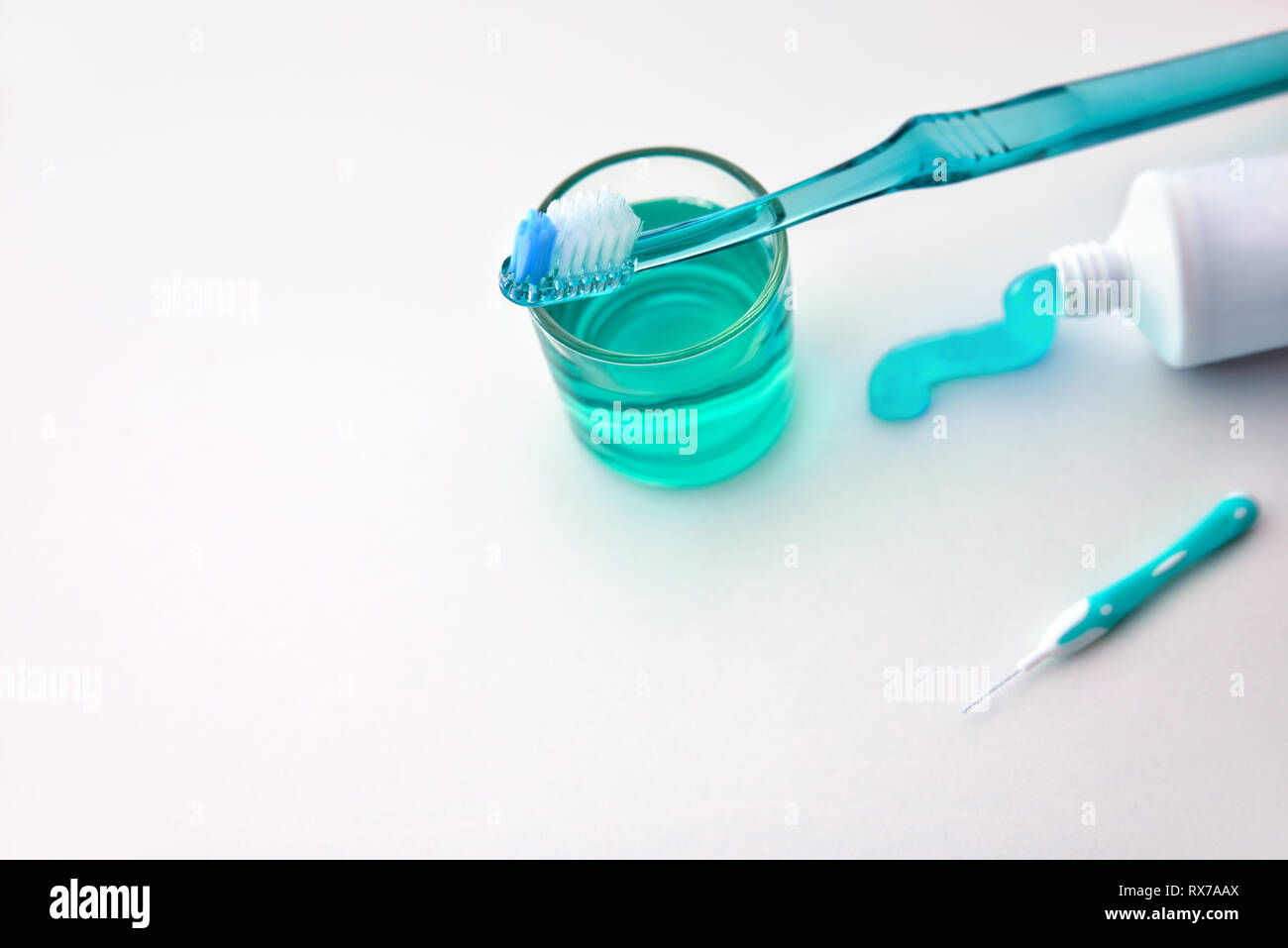 Personal products and tools for cleaning the mouth. Horizontal composition. Elevated view. Stock Photo