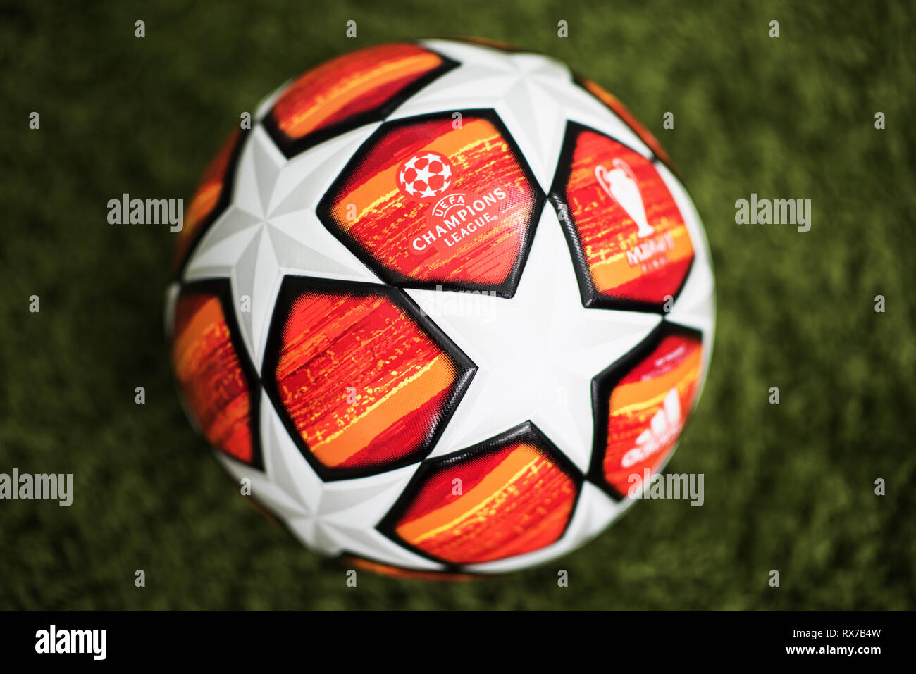 Close up of Adidas UEFA Champions League Final Football. Madrid 2019. Stock Photo