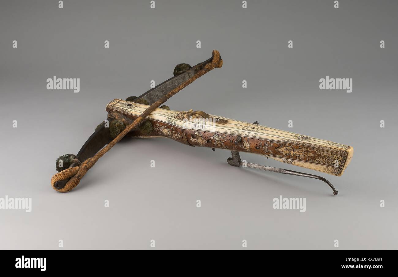 Crossbow. German, Dresden; Master I.G.H. (Johann Gottfried Hänisch the Elder). Date: 1725-1735. Dimensions: 12.7 × 62.2 × 59.7 cm (5 × 24 1/4 × 23 1/2 in.)  Wt. 9 lbs. 4 oz. Steel, walnut, staghorn, bovine horn, bone, silk fiber, and hemp. Origin: Dresden. Museum: The Chicago Art Institute. Stock Photo