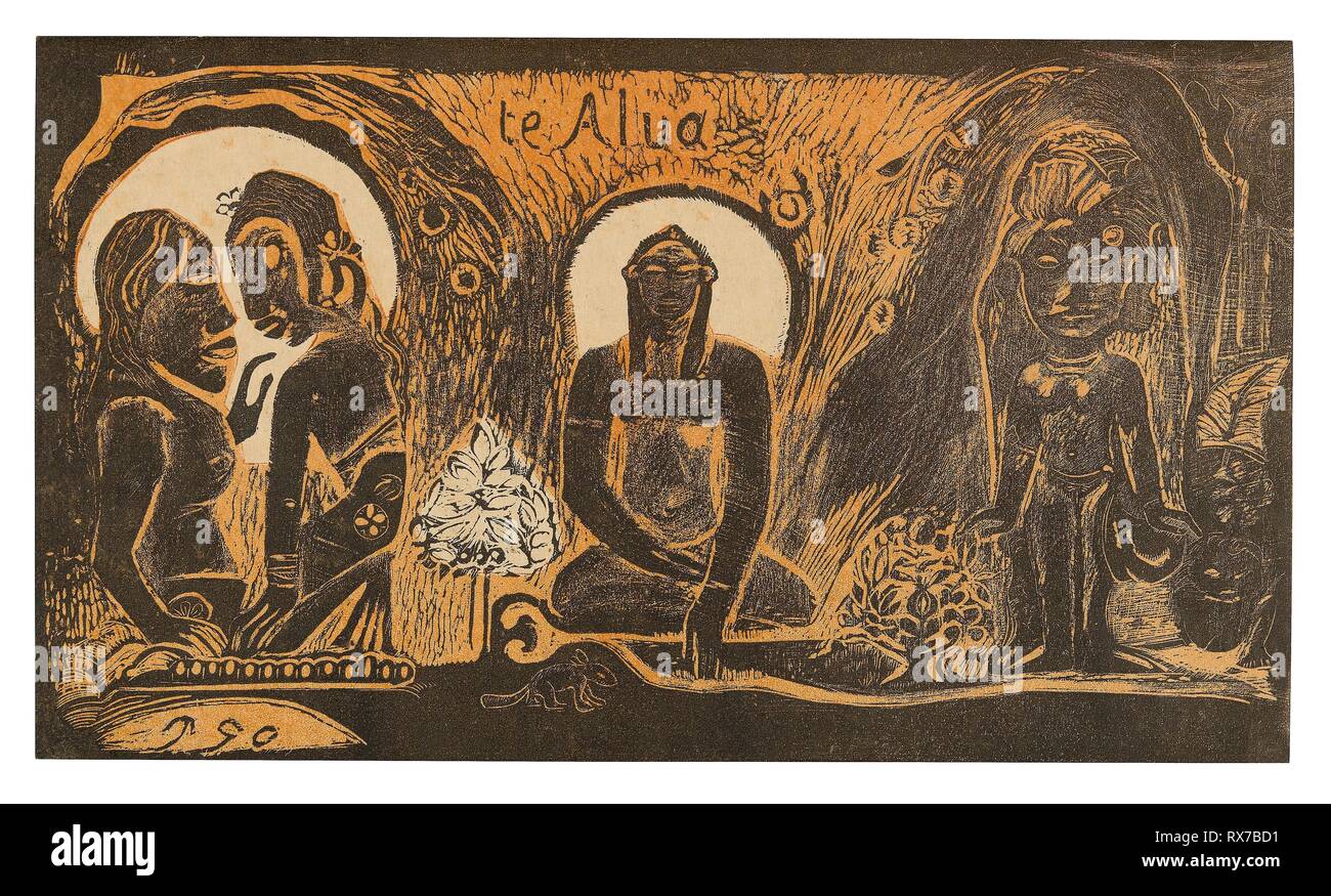 Te atua (The God), from the Noa Noa Suite. Paul Gauguin (French, 1848-1903); printed in collaboration with Louis Roy (French, 1862-1907). Date: 1894. Dimensions: 204 × 355 mm (image/sheet). Wood-block print in black ink, over a stenciled orange-ink tone block, on cream wove paper (an imitation Japanese vellum). Origin: France. Museum: The Chicago Art Institute. Stock Photo