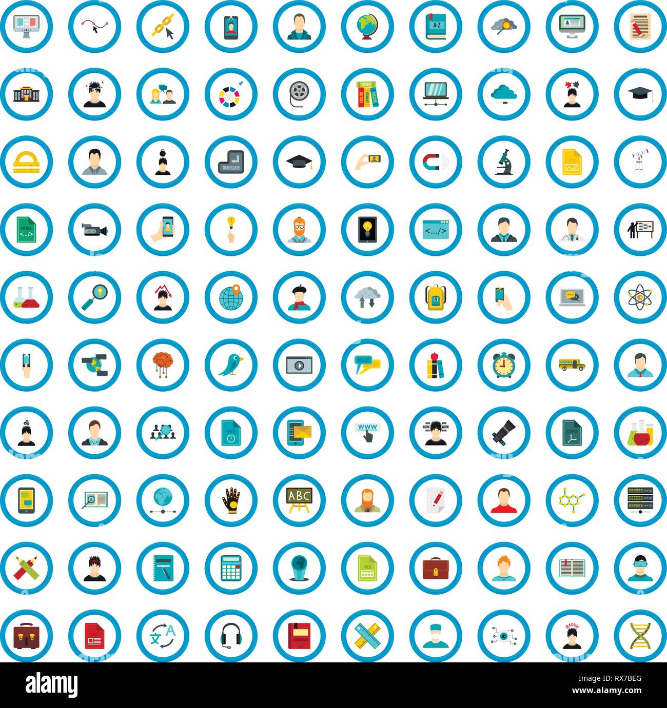 100 e-learning icons set, flat style Stock Vector