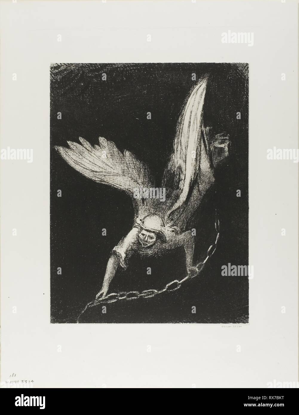 And I Saw an Angel Come Down from Heaven, Having the Key of the Bottomless Pit and a Great Chain in His Hand, plate 8 of 12. Odilon Redon; French, 1840-1916. Date: 1899. Dimensions: 304 × 232 mm (image); 306 × 235 mm (chine); 452 × 349 mm (sheet). Lithograph in black on cream China paper laid down on ivory wove paper. Origin: France. Museum: The Chicago Art Institute. Stock Photo