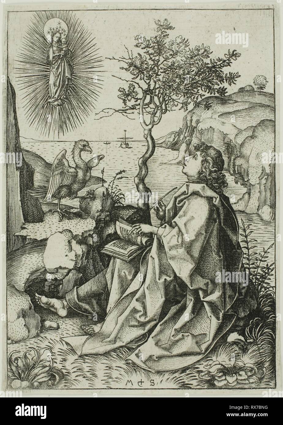 St. John the Evangelist on Patmos. Martin Schongauer; German, c. 1450-1491. Date: 1475-1485. Dimensions: 160 x 113 mm (image); 163 x 117 mm (sheet). Engraving on paper. Origin: Germany. Museum: The Chicago Art Institute. Stock Photo