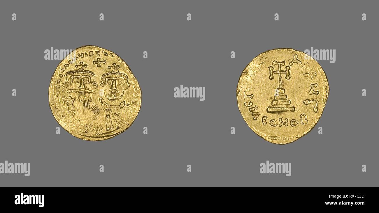 Solidus (Coin) of Heraclius and Heraclius Constantine. Byzantine, minted in Constantinople. Date: 629 AD-632 AD. Dimensions: Diam. 2.1 cm; 4.49 g. Gold. Origin: Byzantine Empire. Museum: The Chicago Art Institute. Stock Photo