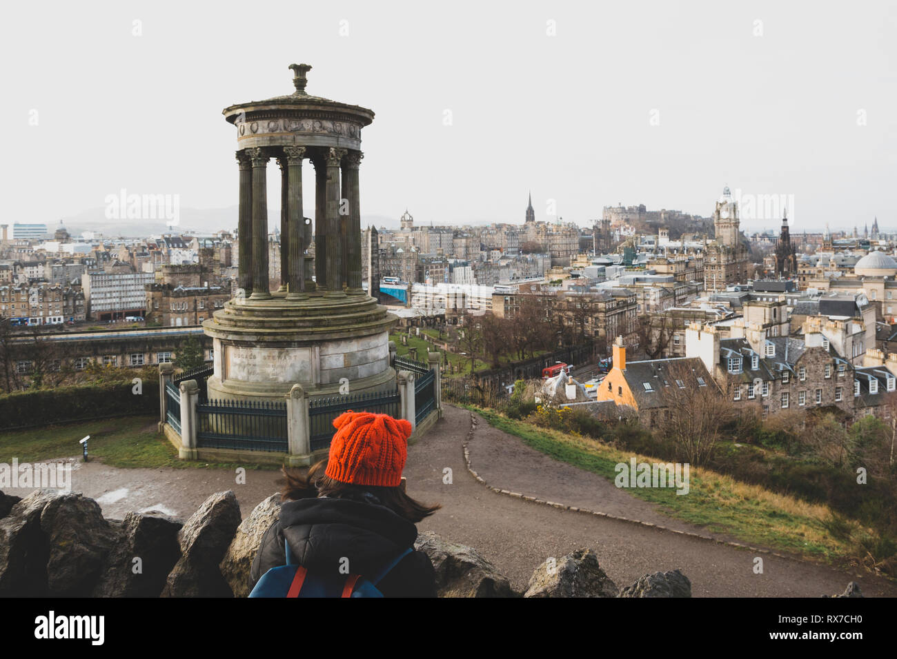 EDINBURGH, SCOTLAND - FEBRUARY 9, 2019 - Calton Hill is at the bottom of Princes Street. The views from the summit of Calton Hill are stunning Stock Photo
