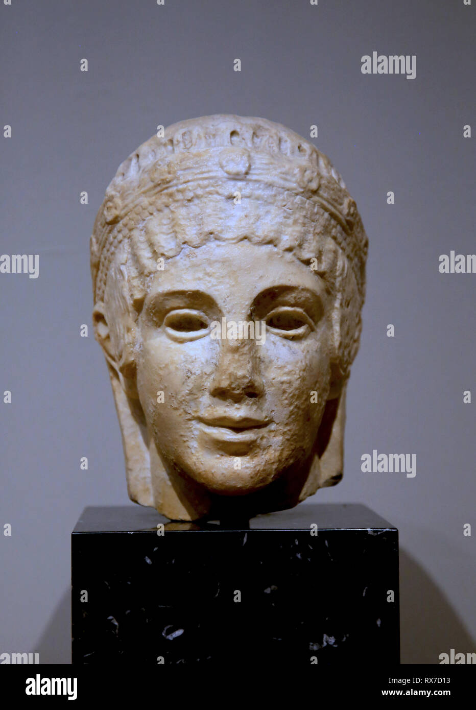 Head of Athena. Sculpture in white marble from a Roman workshop ( 1st century AD ). Empuries, GIrona. Museu Frederic Mares, Barcelona. Stock Photo