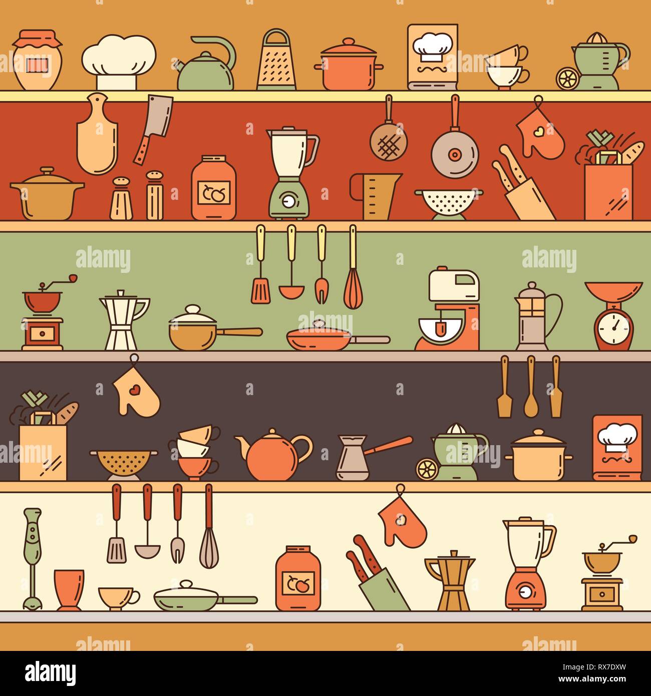 Seamless pattern with kitchen shelves full of various kitchen items and tools. Stock Vector