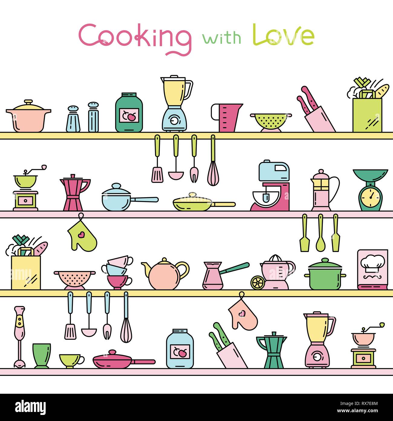Seamless horizontal pattern with kitchen shelves full of various kitchen items and tools. Stock Vector