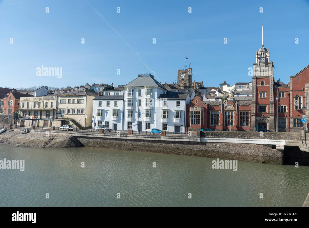 Bideford, North Devon, England UK. March 2019. Bideford town hall, library and St Marys Church viewed from East the Water. Stock Photo