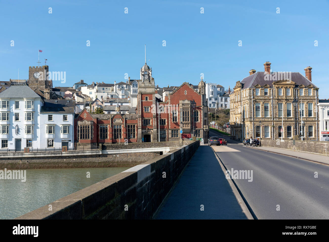 Bideford, North Devon, England UK. March 2019. Bideford town and the Bideford Long bridge built in 1850 viewed from East the Water. Stock Photo