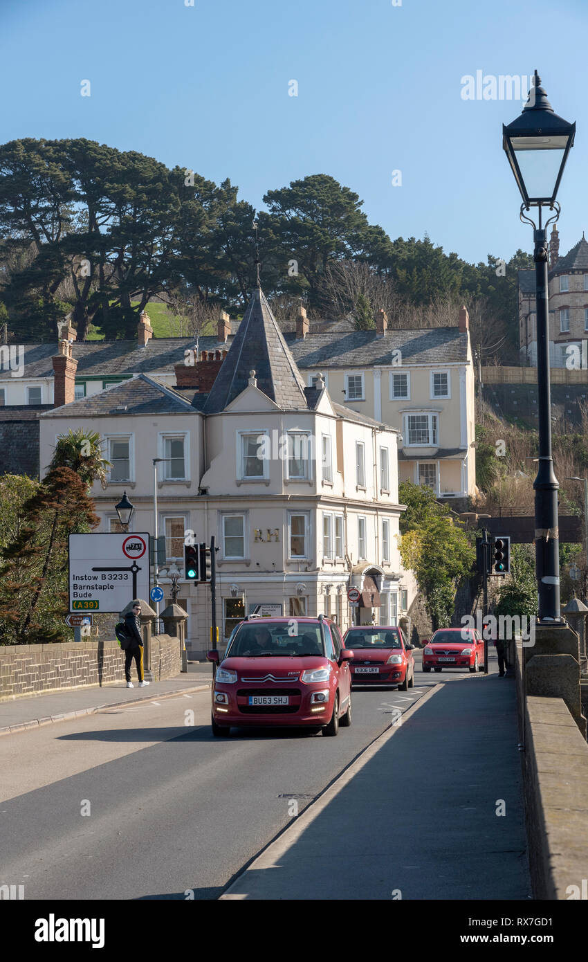 Bideford, North Devon, England UK. March 2019.  The Bideford Long Bridge built in 1850 viewed looking to East the Water. Stock Photo