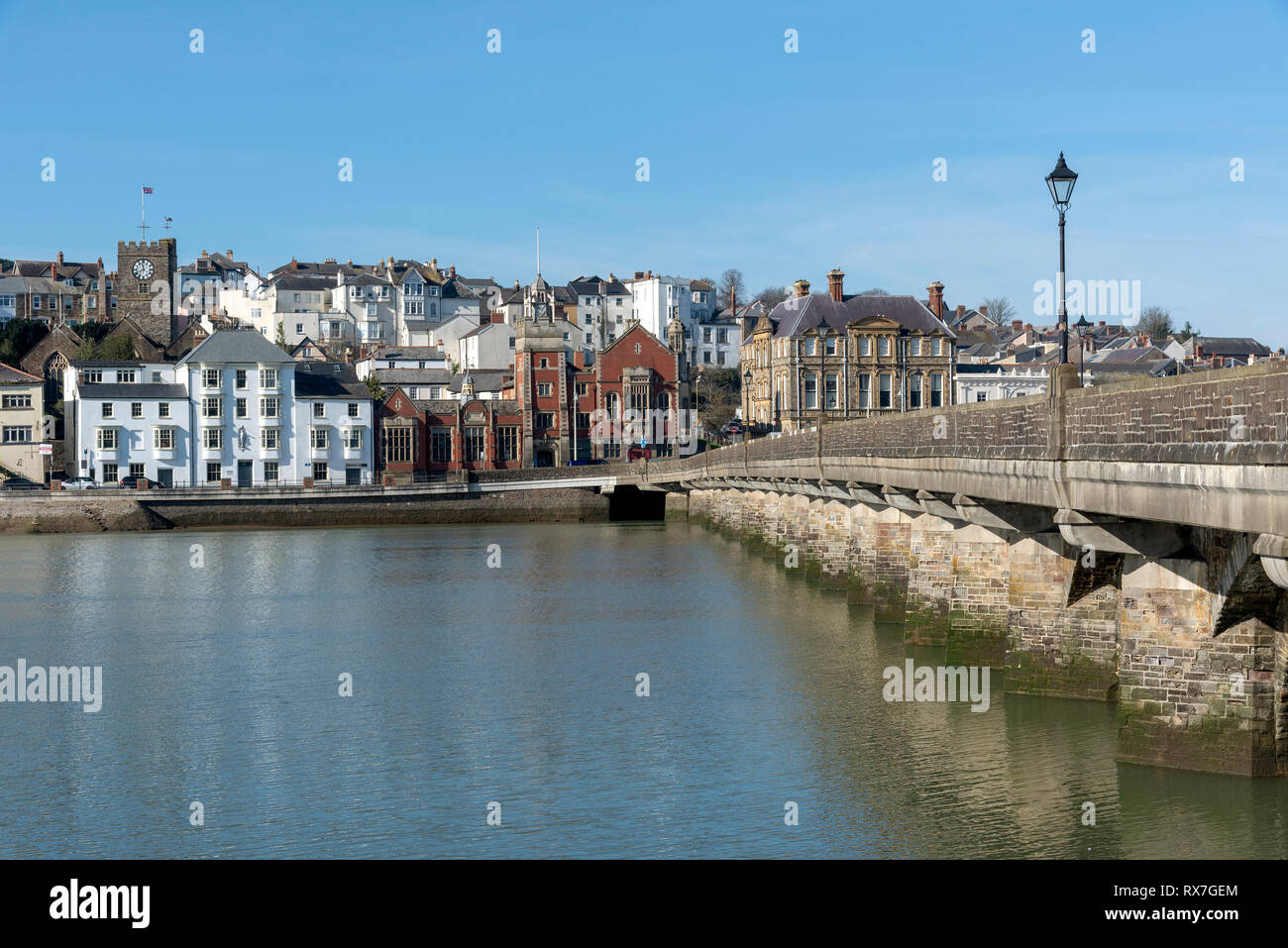Bideford, North Devon, England UK. March 2019. Bideford town and the Bideford Long Bridge built in 1850 viewed from East the Water. Stock Photo