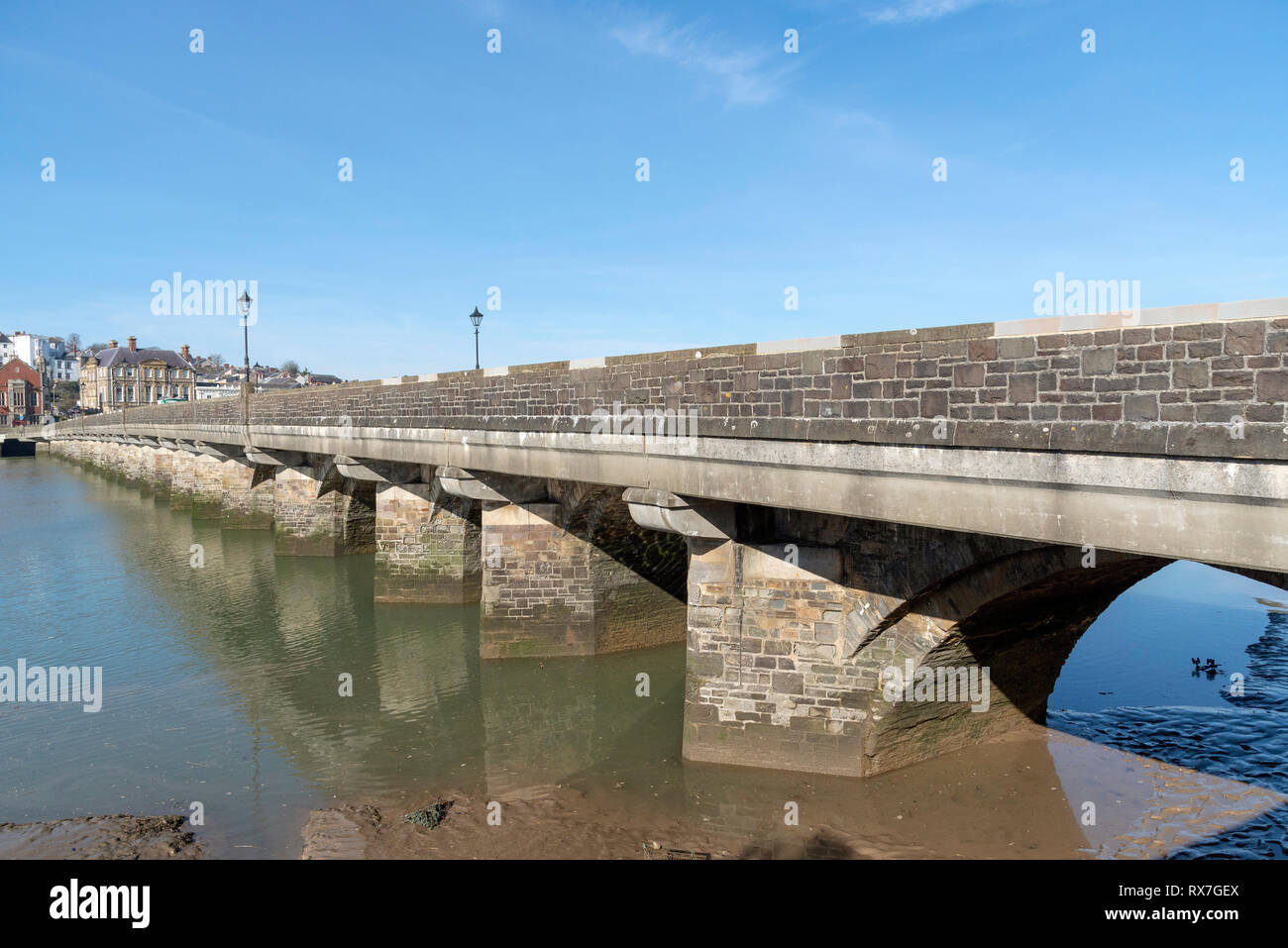 Bideford, North Devon, England UK. March 2019. Bideford town and the Bideford Long bridge built in 1850 viewed from East the Water. Stock Photo