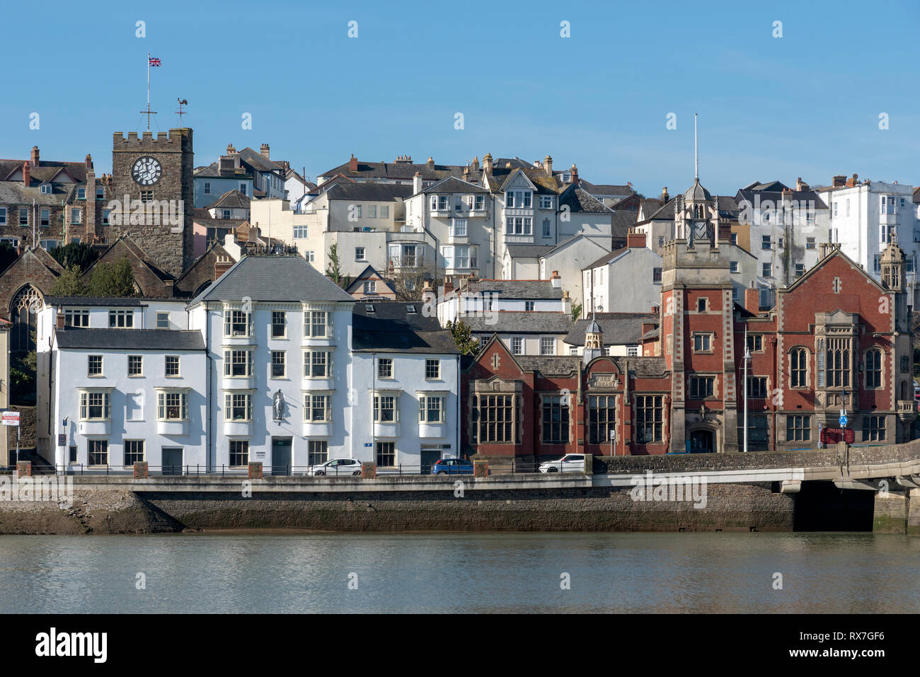 Bideford, North Devon, England UK. March 2019. Bideford town hall, library and St Marys Church viewed from East the Water. Stock Photo