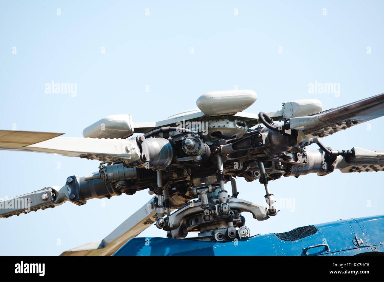 Detailed view on rotors and blades of helicopter engine. Hydraulic and