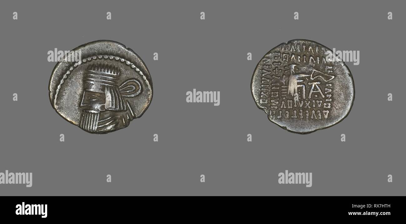 Drachm (Coin) Portraying King Gotarzes II. Persian; Parthia. Date: 40 AD-51 AD. Dimensions: Diam. 2.1 cm; 3.40 g. Silver. Origin: Khorasan. Museum: The Chicago Art Institute. Author: Ancient Iranian. Stock Photo