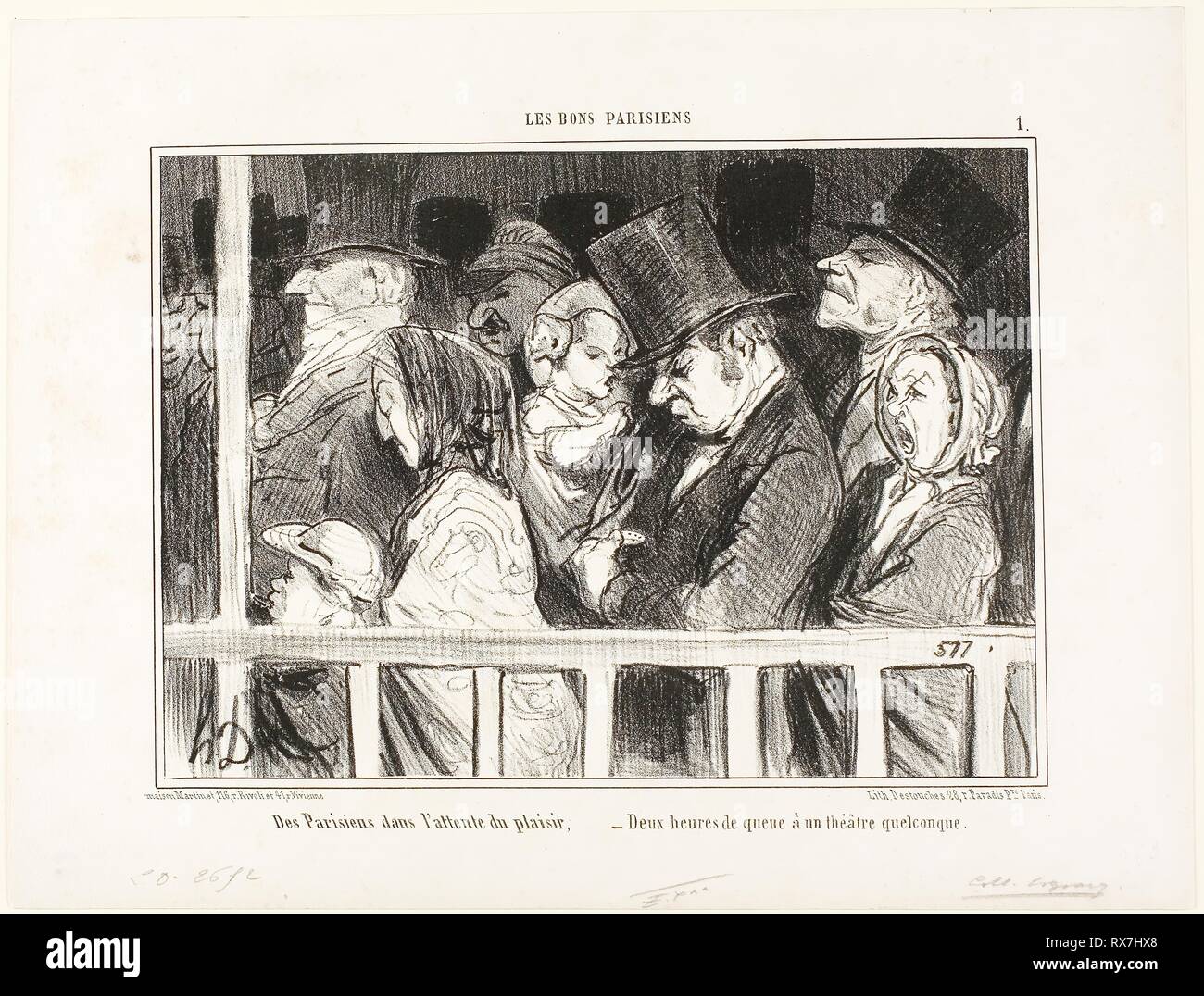 Parisians looking forward to some fun. Queuing up for two hours in front of any theater in town, plate 1 from Les Bons Parisiens. Honoré Victorin Daumier; French, 1808-1879. Date: 1855. Dimensions: 180 × 255 mm (image); 257 × 343 mm (sheet). Lithograph in black on white wove paper. Origin: France. Museum: The Chicago Art Institute. Author: Honoré-Victorin Daumier. Stock Photo