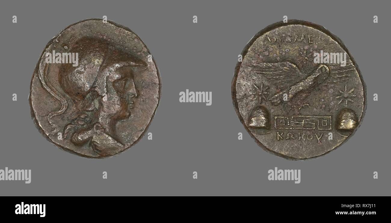 Coin Depicting the Goddess Athena. Greek. Date: 133 BC-48 BC. Dimensions: Diam. 2.3 cm; 7.41 g. Bronze. Origin: Ancient Greece. Museum: The Chicago Art Institute. Stock Photo