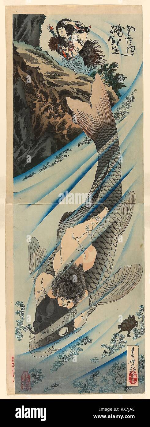 Kintaro Captures the Carp (Kintaro rigyo o torau). Tsukioka Yoshitoshi; Japanese, 1839-1892. Date: 1885. Dimensions: 73.8 x 26 cm. Color woodblock prints; oban diptych. Origin: Japan. Museum: The Chicago Art Institute. Stock Photo