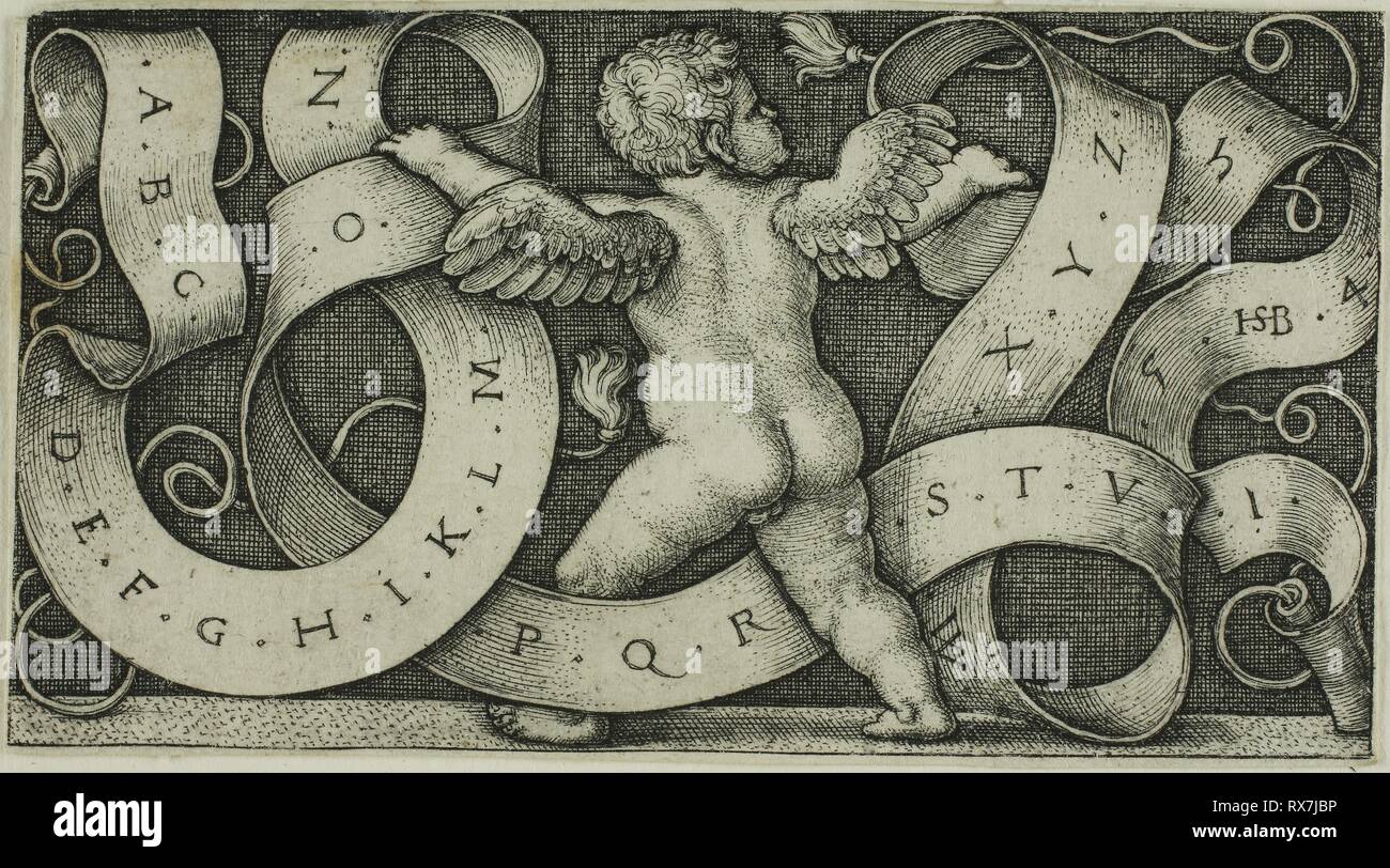 Genius with the Alphabet. Sebald Beham; German, 1500-1550. Date: 1542. Dimensions: 42 x 77 mm (image/plate); 43 x 78 mm (sheet). Engraving in black on ivory laid paper. Origin: Germany. Museum: The Chicago Art Institute. Stock Photo