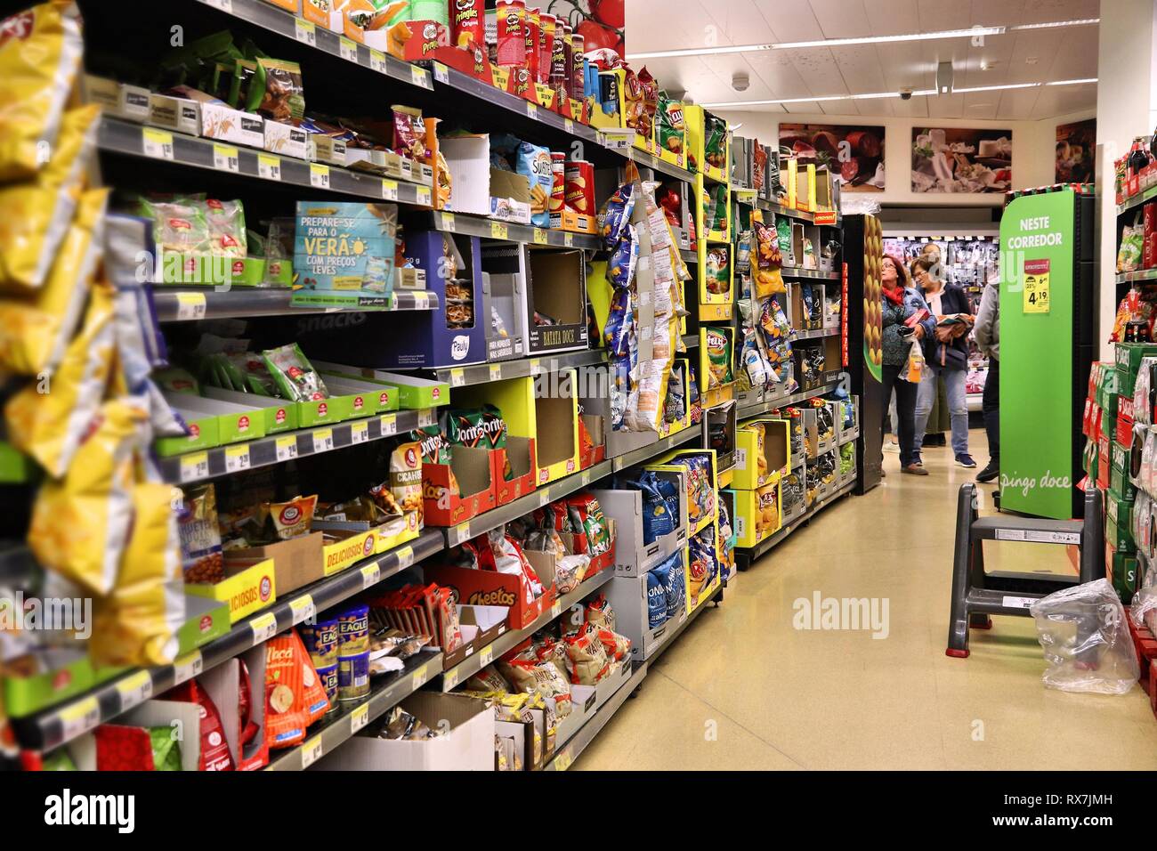 LISBON, PORTUGAL - JUNE 4, 2018: Supermarket products in Lisbon. Annual consumer spending in Portugal amounts to 129 billion EUR. Stock Photo