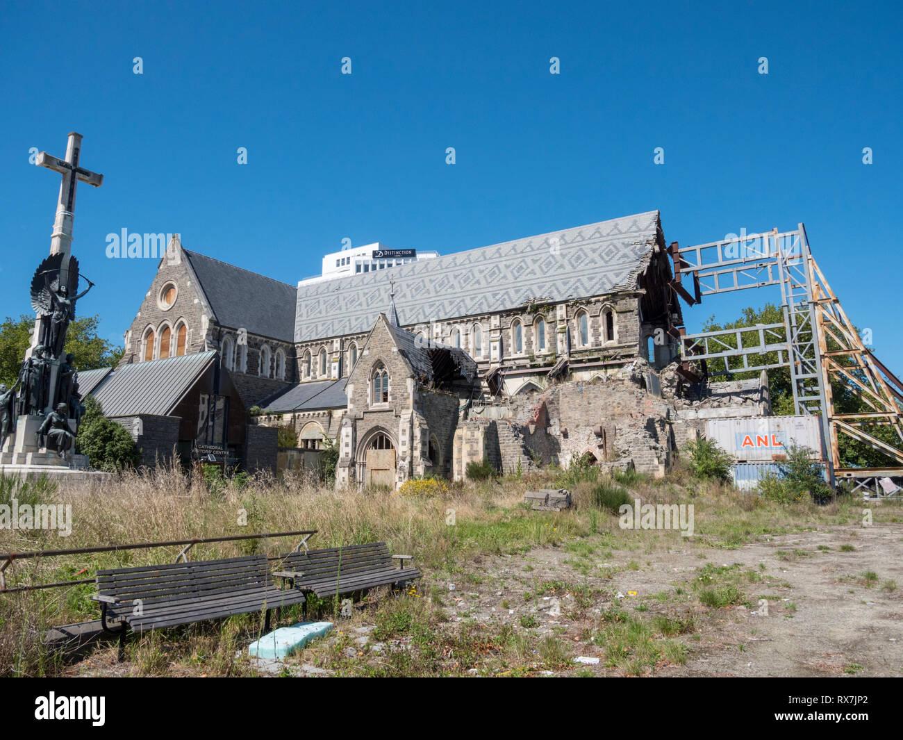 The earhquake damaged old Christchurch Cathedral New Zealand showing the metal protective scaffolding keeping it safe from further damage Stock Photo