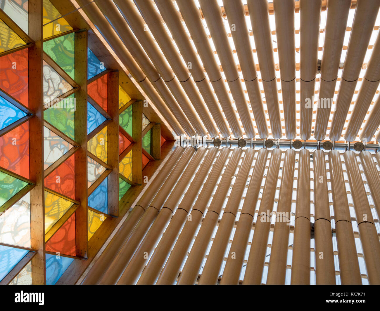 The stained glass window and roof inside the Transitional Cathedral