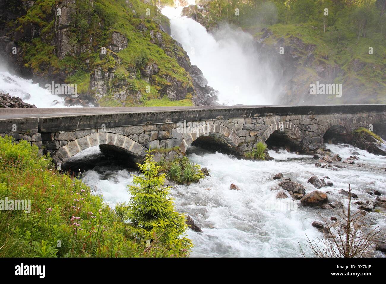 Latefossen Waterfall In Hordaland Norway Old Stone Bridge Stock Photo Alamy