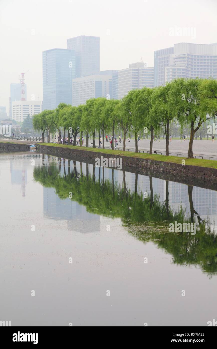 Tokyo, Japan - Imperial Palace gardens and the urban pollution smog. Stock Photo