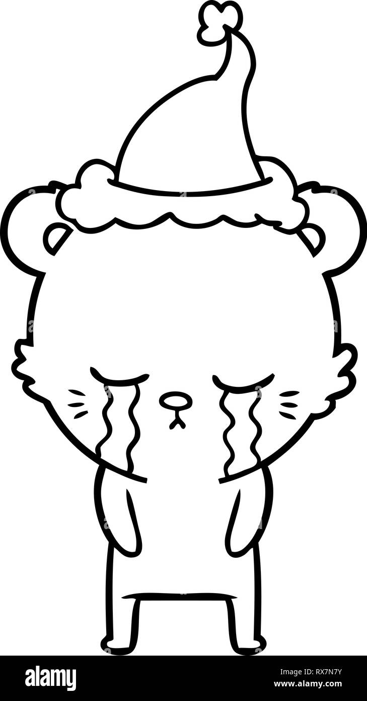 crying hand drawn line drawing of a bear wearing santa hat Stock Vector ...
