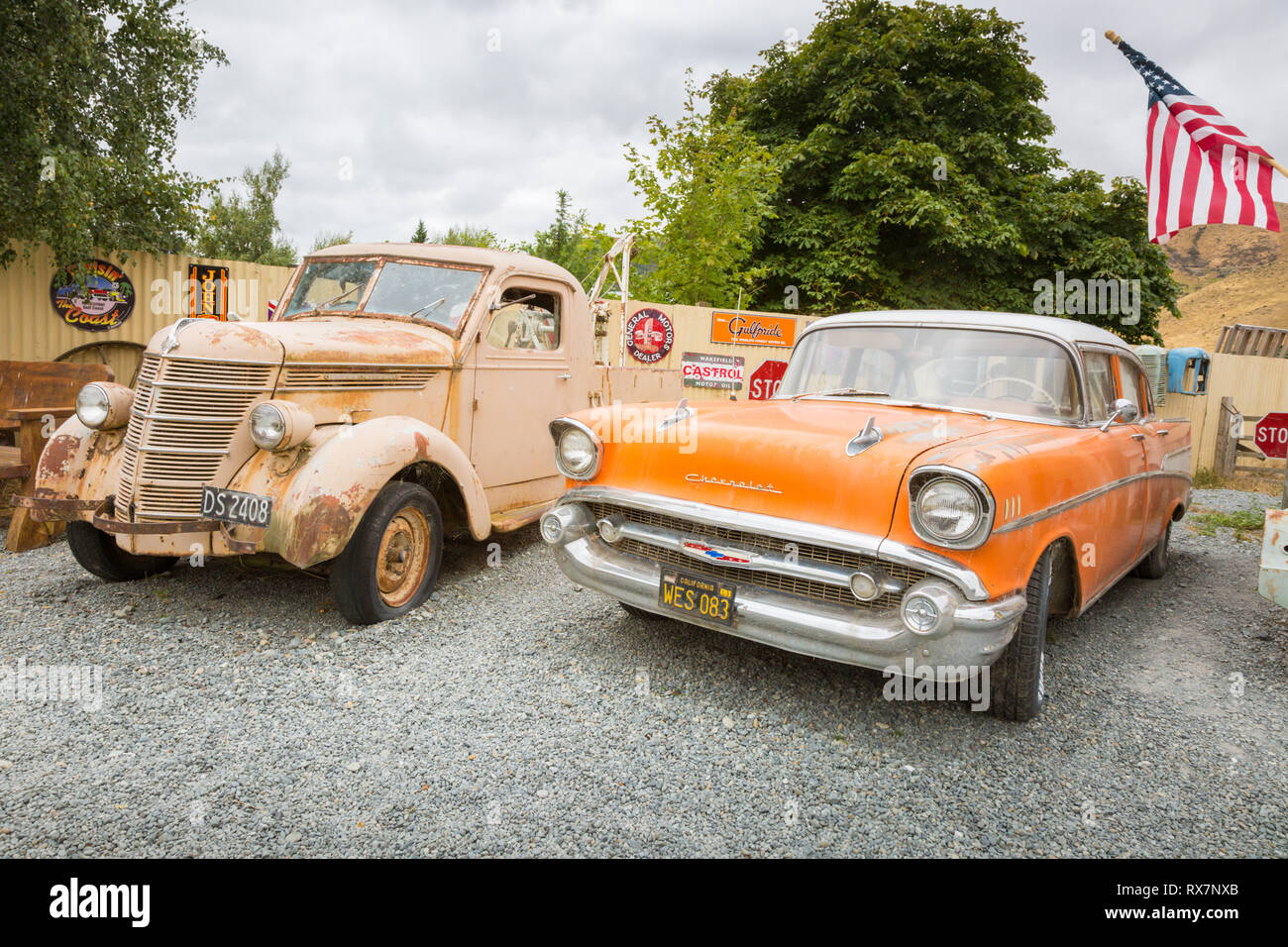 Old pickup truck and classic Chevrolet car, Burkes Pass, New Zealand Stock Photo
