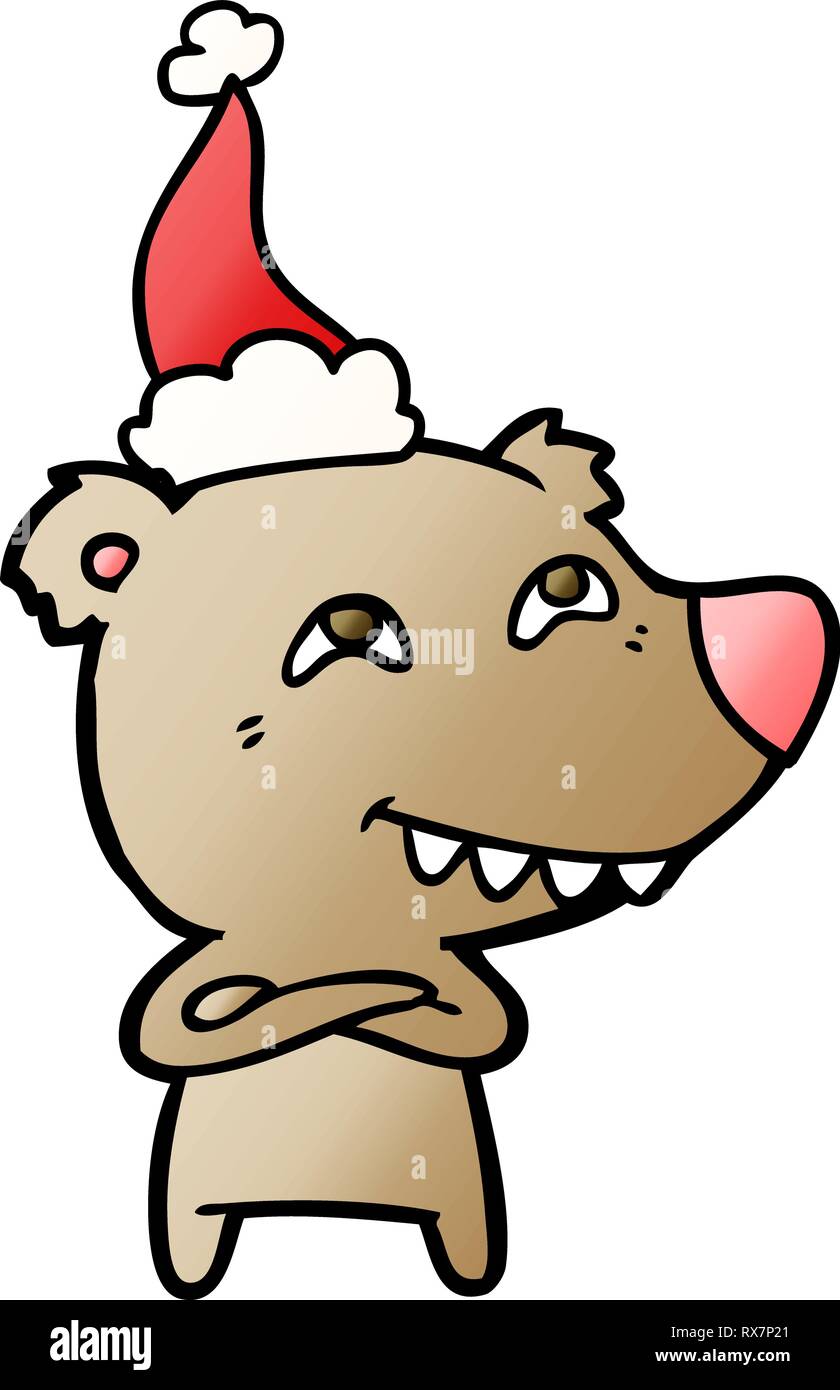 hand drawn gradient cartoon of a bear showing teeth wearing santa hat ...