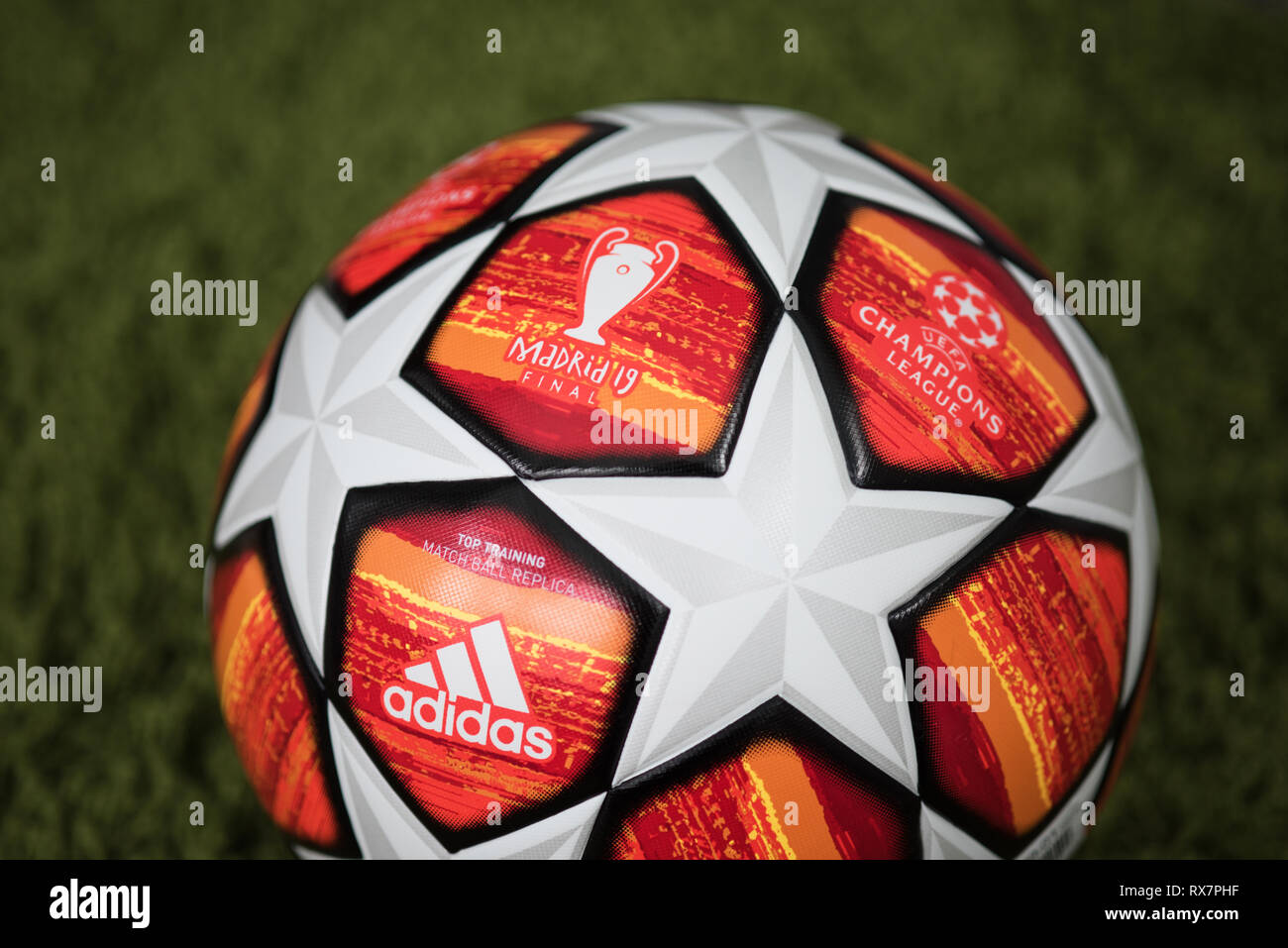 Close up of Adidas UEFA Champions League Final Football. Madrid 2019. Stock Photo