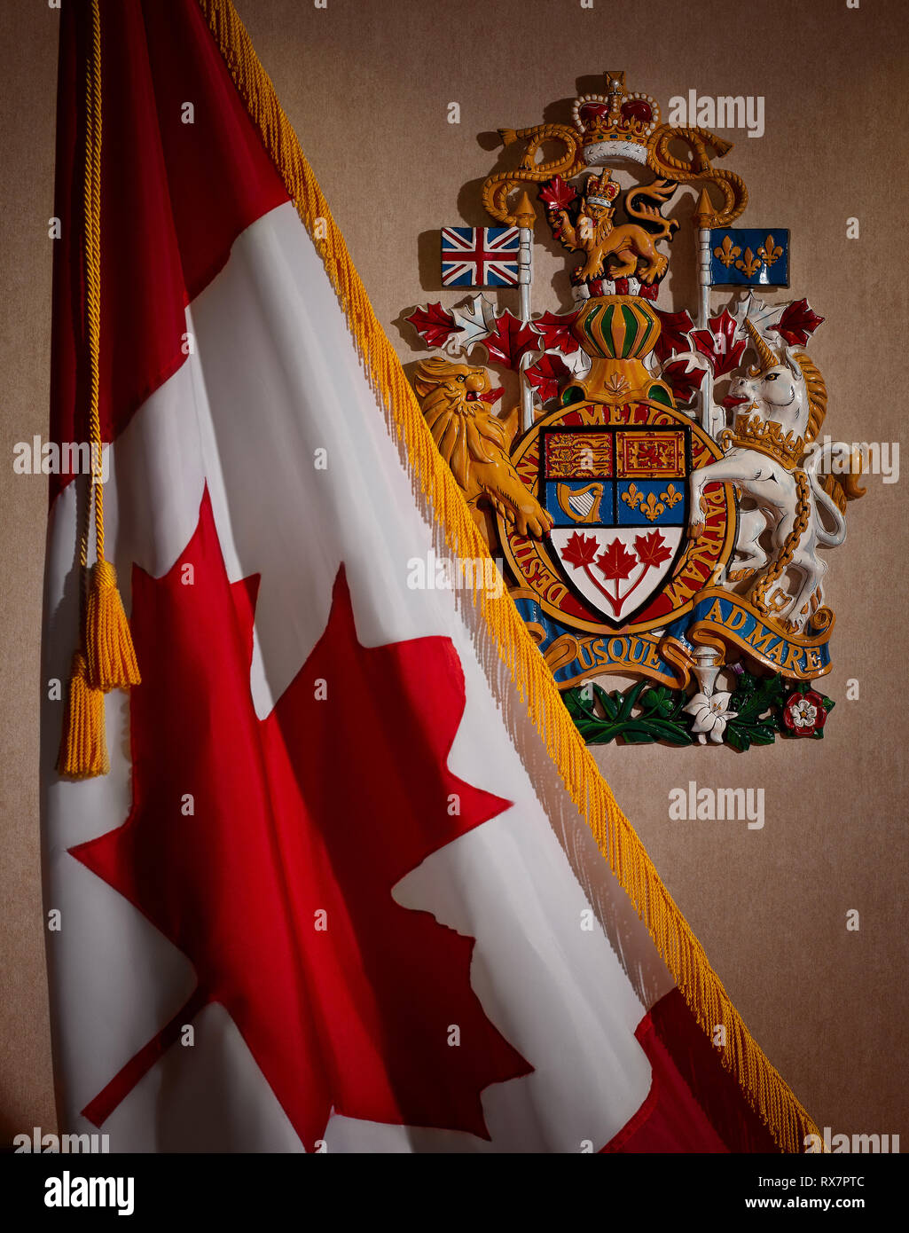 Royal Coat of Arms of Canada with Canadian Flag, in Canada's Federal Court Stock Photo