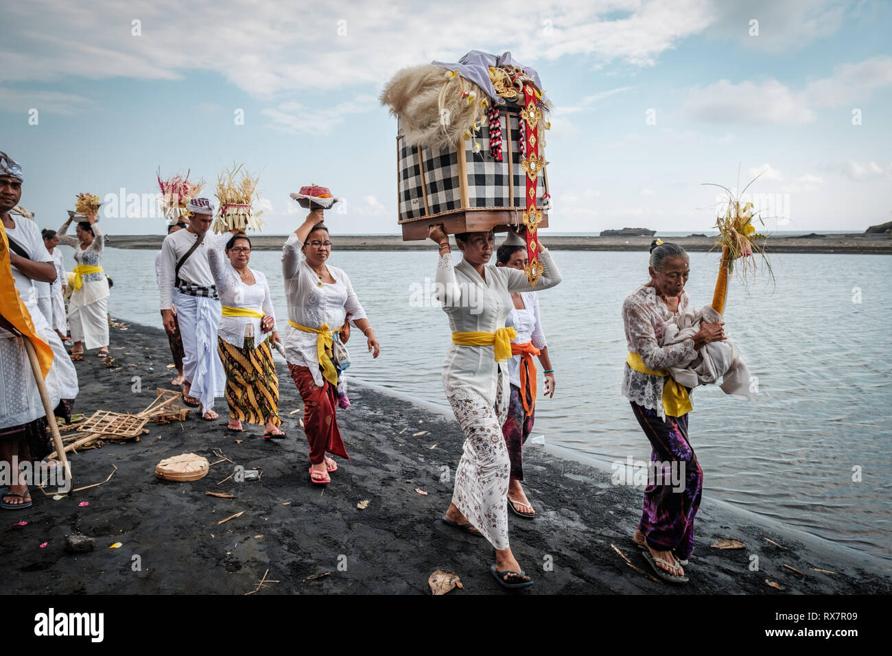 Balinese religious beach ceremony, Tabanan, Bail, Indonesia Stock Photo