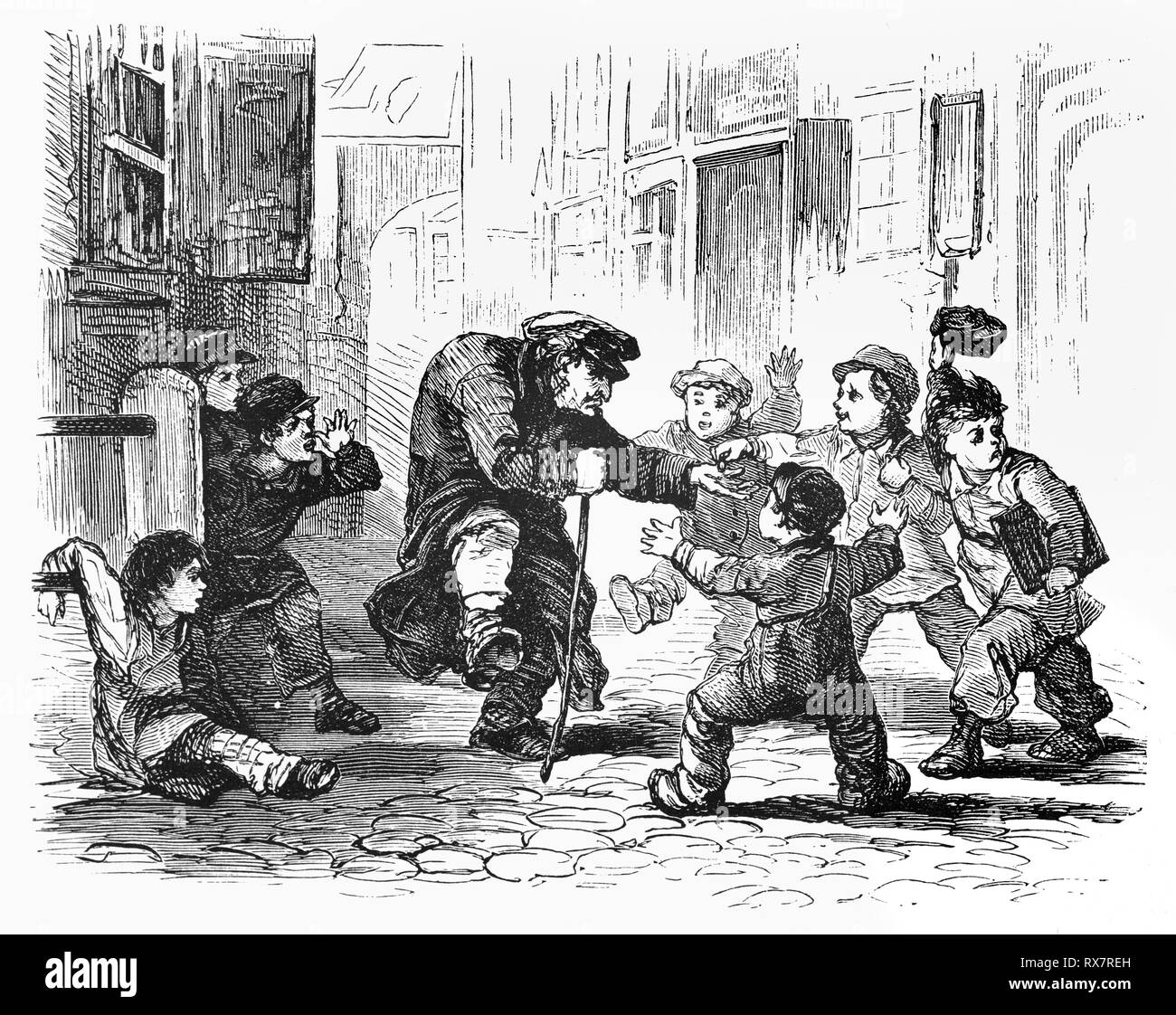Kids playing black and white illustration old past pictorial picture