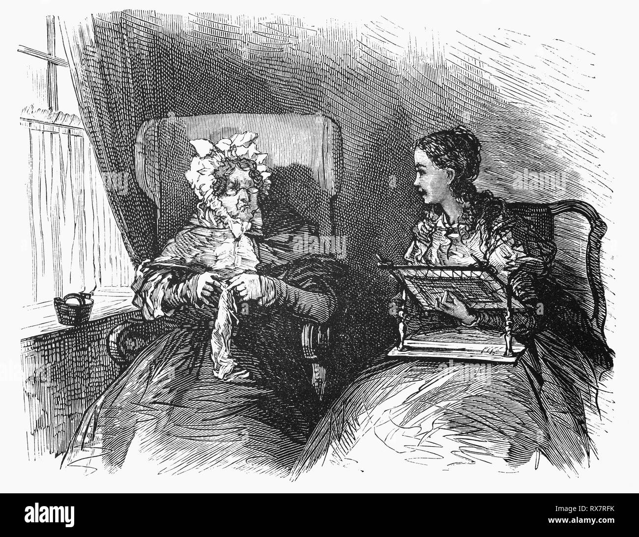 Young Dutch girl and her grumpy aunt.  From the 19th Century Camera Obscura, a collection of Dutch humorous-realistic essays, stories and sketches in which Hildebrand, the author, takes an ironic look at the behavior of the 'well-to-do', finding  them bourgeois and without a good word for them. Stock Photo