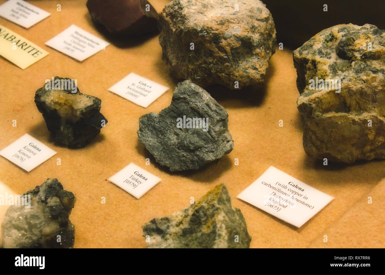 Collection of Galena stones on display as part of a geological mineral exhibit Stock Photo