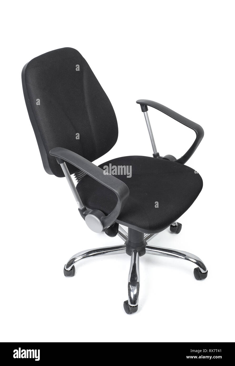 Black cloth office chair with wheels isolated on white background Stock